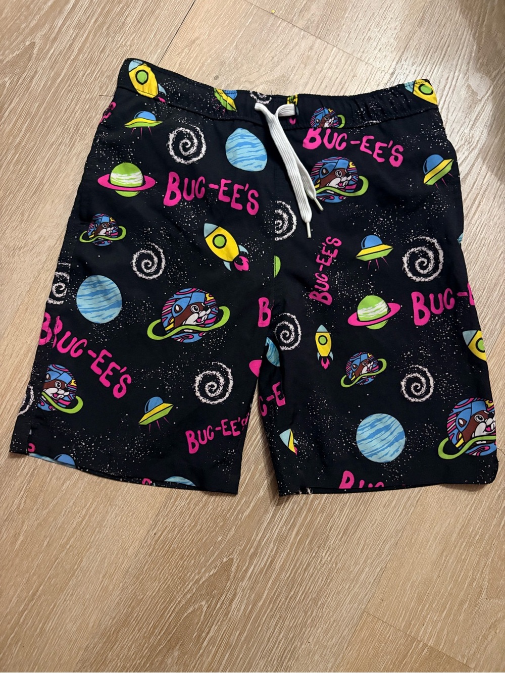 Kids' Black Space-Print Swim Trunks with Pink Logo